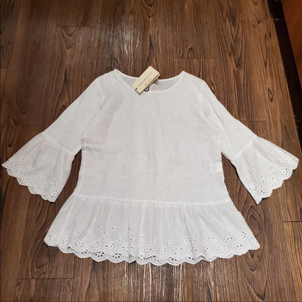 Terzo Millennio White Linen Top Flounce Sleeve Peplum Eyelet Blouse Preppy Shirt